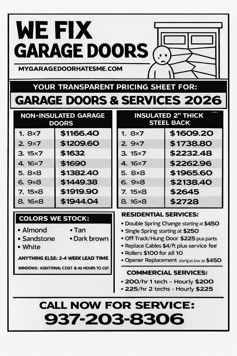 We Fix Garage Doors 2026 transparent price sheet showing door and service pricing